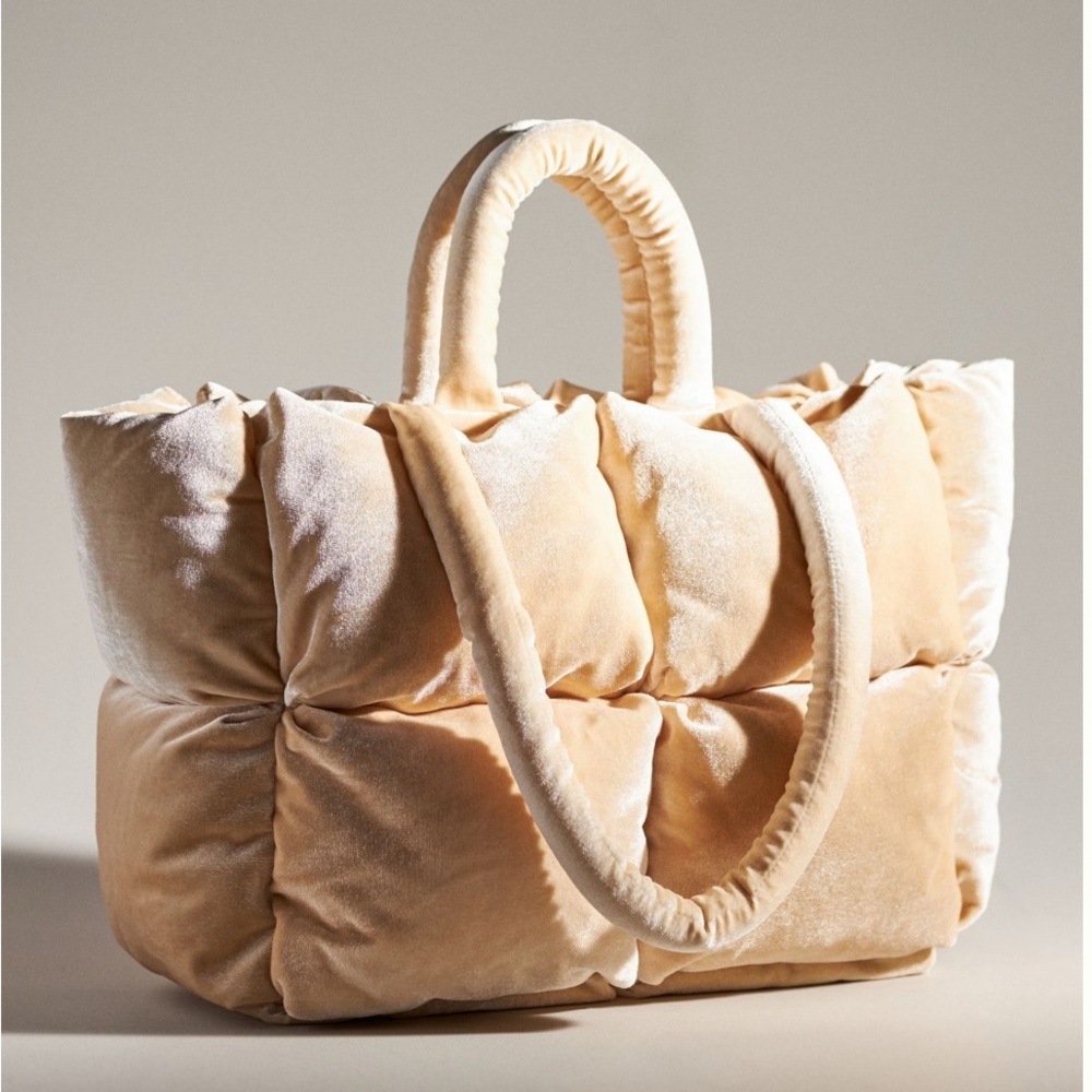 Anthropologie Ivory Puffer Velvet Tote Bag